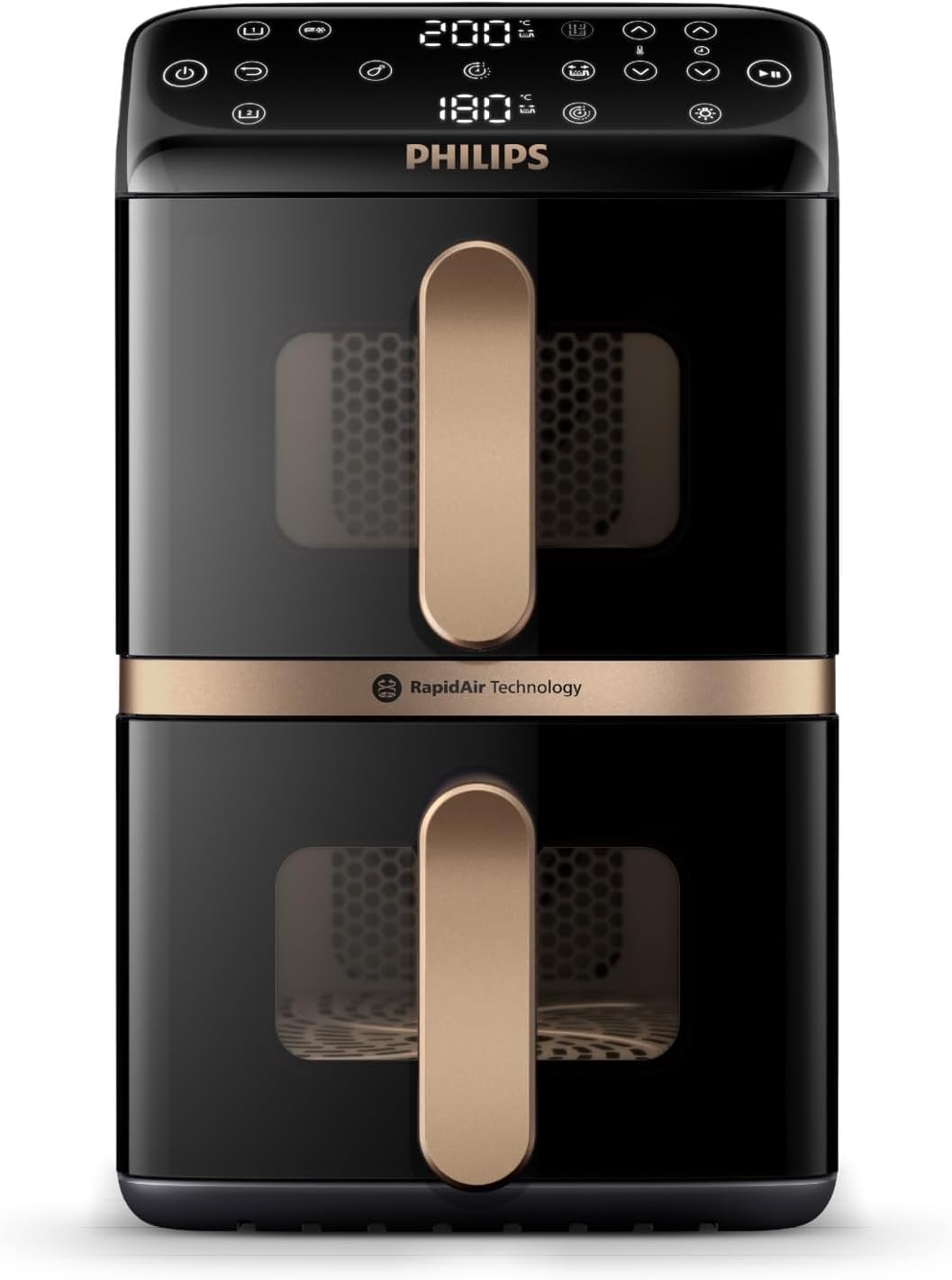 Philips Airfryer 4000 Series Stacked Dual Basket, Gestapelte Heißluftfritteuse mit 2 Körben, 10L, RapidAir Technologie, 45% weniger Platzbedarf, PFAS-freie Keramikbeschichtung, Sichtfenster (NA462/70)