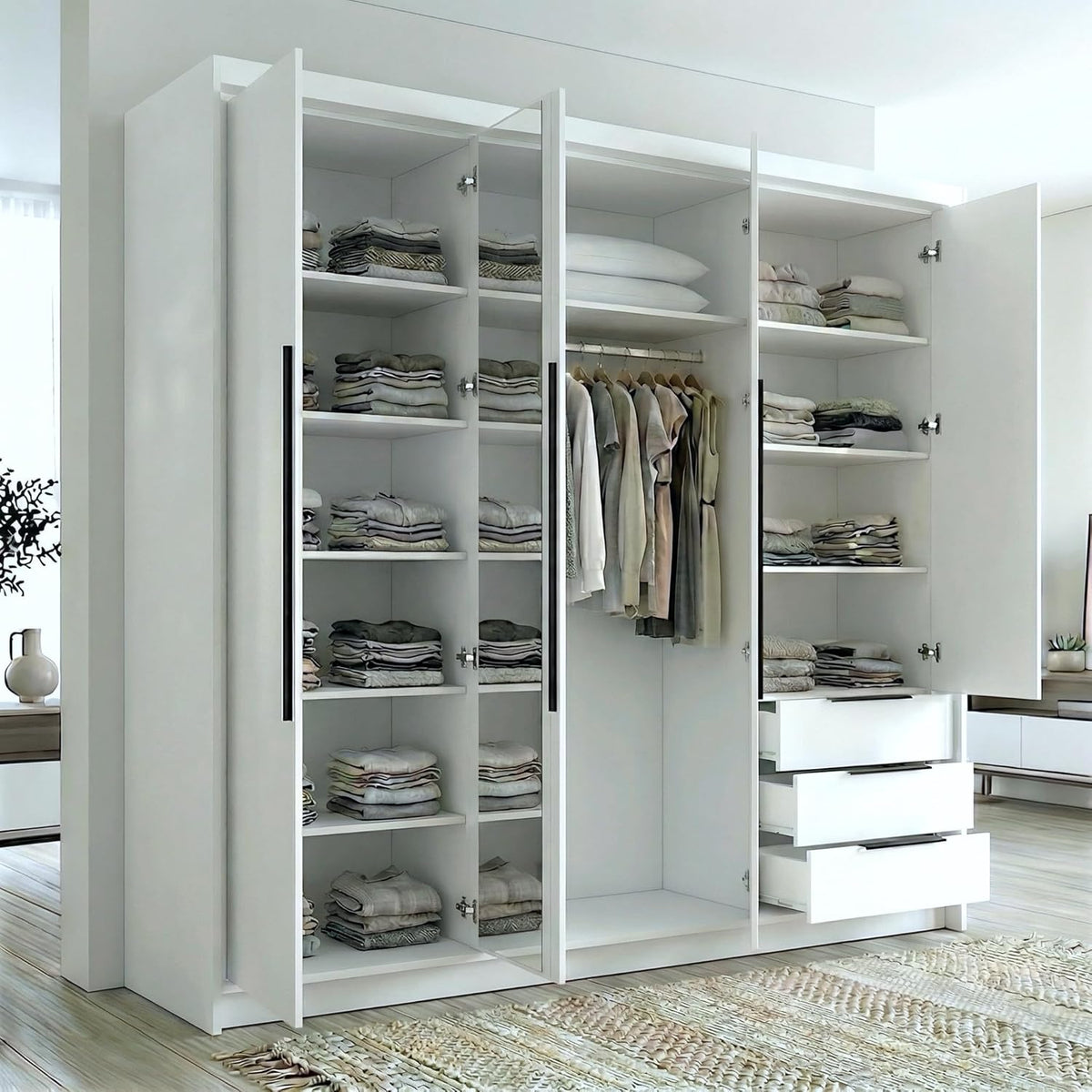 A und J MöbelLand VIVO Kleiderschrank 4-türig mit Spiegel und Schubladen - 200 x 215 cm - Drehtürenschrank mit Kleiderstange und Einlegeböden