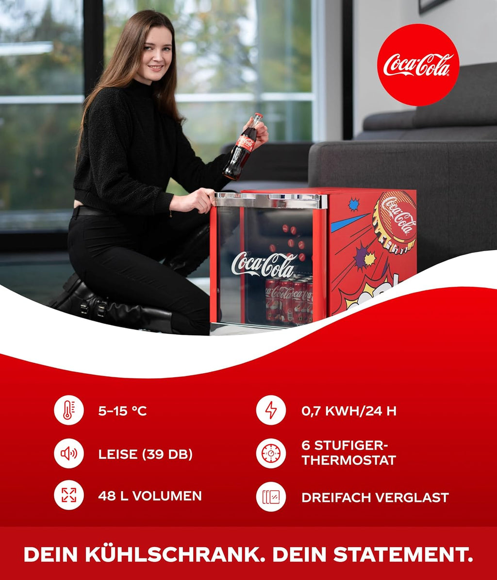 °CUBES Original Coca-Cola PopArt Mini Kühlschrank Rot (48L) - Getränkekühlschrank mit Glastür, leise & energieeffizient - Perfekt für Büro, Partys & Gaming - Cooler Flaschenkühlschrank - Für Getränke