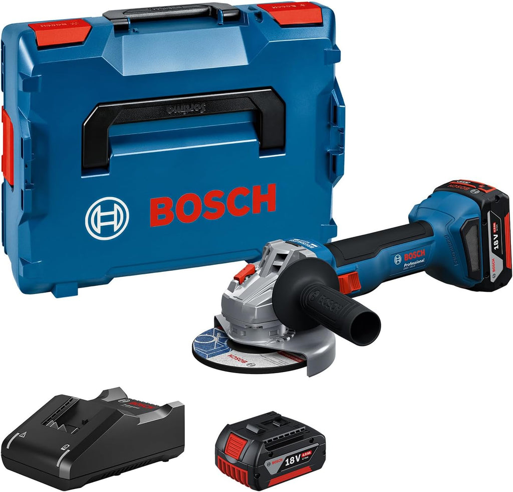 Bosch Professional 18V System Akku-Winkelschleifer GWS 18V-8 (Scheibendurchmesser 125 mm, inkl. 2x Akku GBA 4.0Ah, Ladegerät GAL 18V-40, L-BOXX)