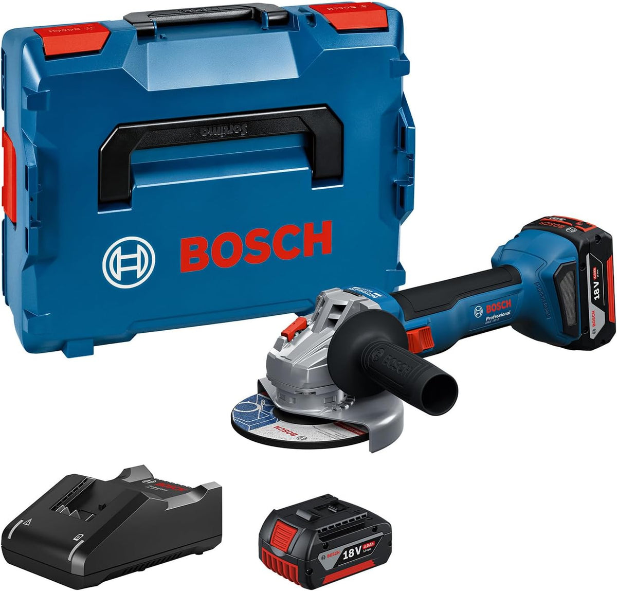 Bosch Professional 18V System Akku-Winkelschleifer GWS 18V-8 (Scheibendurchmesser 125 mm, inkl. 2x Akku GBA 4.0Ah, Ladegerät GAL 18V-40, L-BOXX)