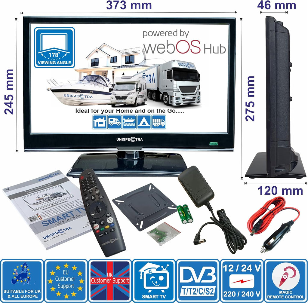 Unispectra® 16“ Smart TV (webOS) Full HD 230V 24V Triple Tuner: Sat, Antenne, Kabel TV, 3xHDMI, 2xUSB, Magic Remote. 12V Fernseher für Wohnmobile, Wohnwagen, LKWs, Lieferwagen, Boote