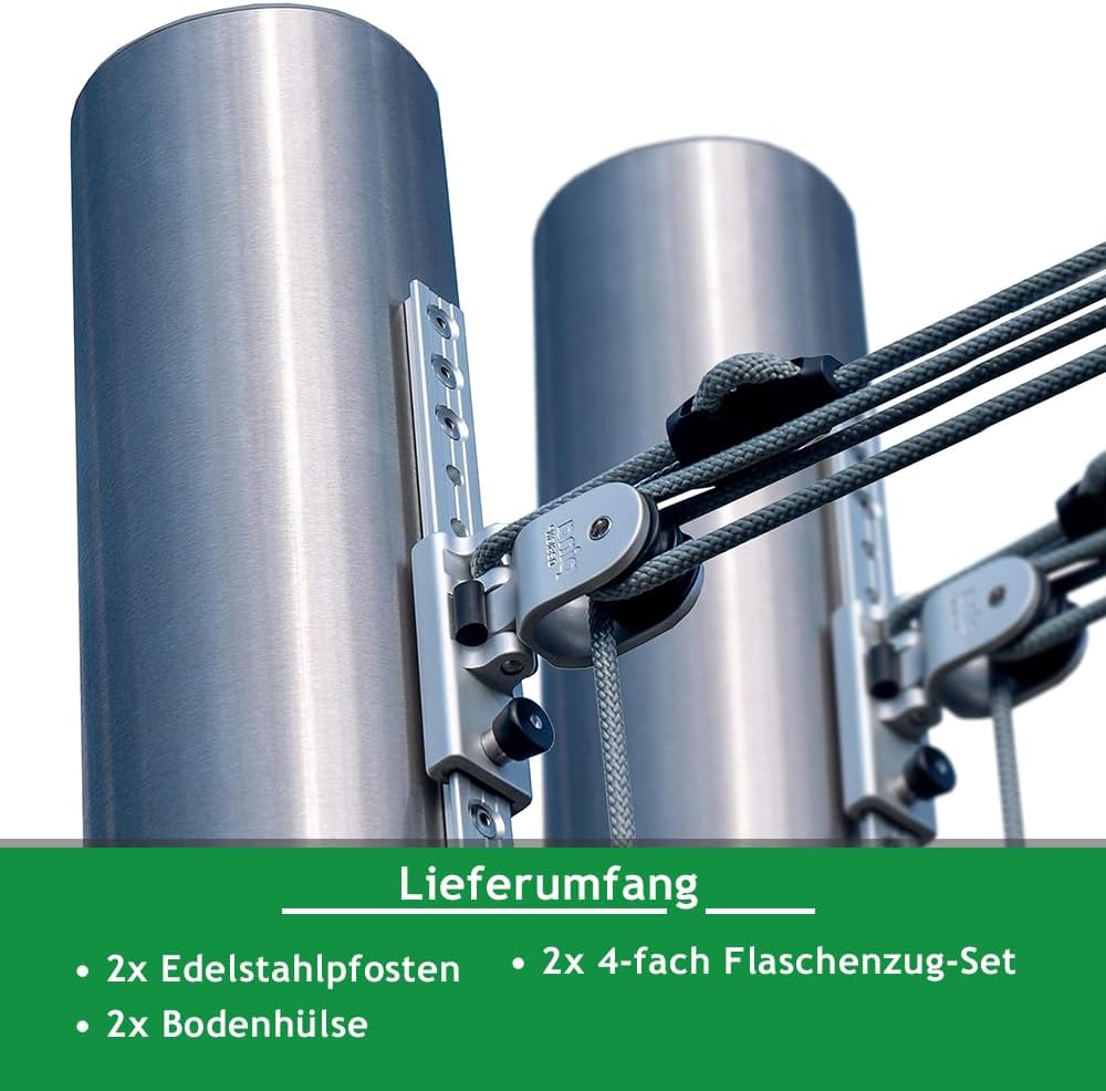 Sonnensegel Pfosten Set - ø101,6mm, höhenverstellbar 3m, aus V2A Edelstahl inkl. Zubehör - 4-Fach Flaschenzug-Set & 0,75m Bodenhülse | Befestigung für sehr große Segel (2er Set)