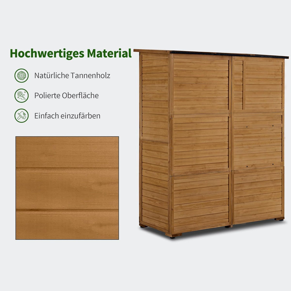 M MCombo Gartenschrank Geräteschuppen Holz Wetterfest, Gartenhaus Outdoor Wasserdicht Begehbar für Außenbereich Balkon Terrasse, Aufbewahrungsschrank mit 3 Regale 73×144×185 cm (Natur)