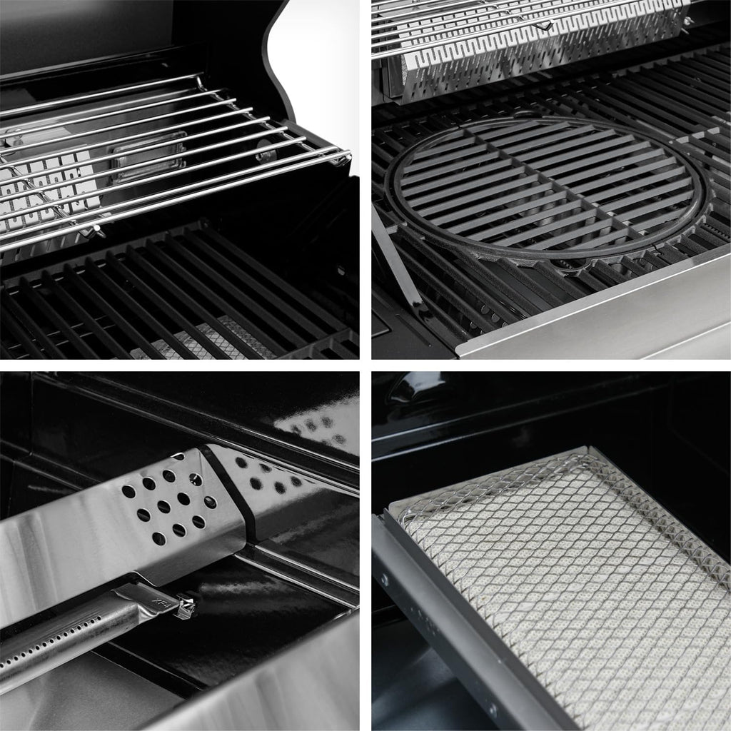 Gasgrill Hektor 4B-S inkl. Drehspieß und Abdeckhaube mit 4 Brennern, Sear-Brenner, Gusseisen-Grillrost, Heckbrenner, Seitenkocher, Sichtfenster und Thermometer für Garten und Terrasse