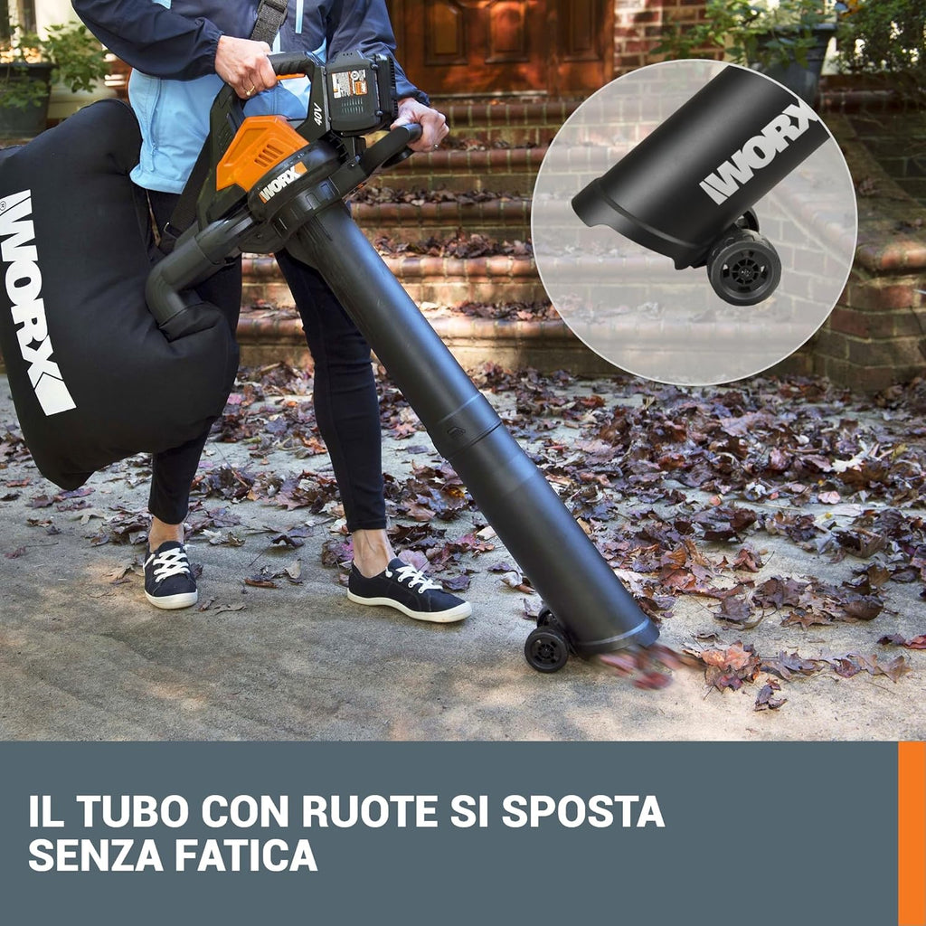 WORX WG583E Akku-Laubbläser/Laubsauger 40V - 3-in-1 Multifunktion zum Laub Zusammenkehren, Aufsaugen  und  Mulchen - Luftgeschwindigkeit 335 km/h - Luftmenge 575 m3/h - inkl. 2x4Ah Akkus  und  Ladegerät