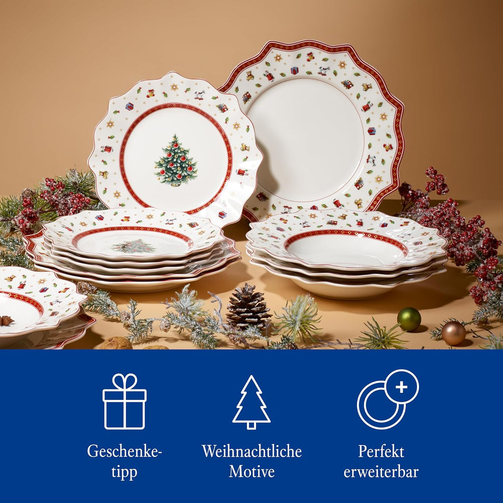 Villeroy & Boch – Toy's Delight Tafelservice Weihnachten 12 Teilig, Weihnachtsteller Set Toys, Weihnachtsgeschirr, Weihnachtsservice 4 Personen, Speiseteller, Suppenteller, Frühstücksteller, Porzellan