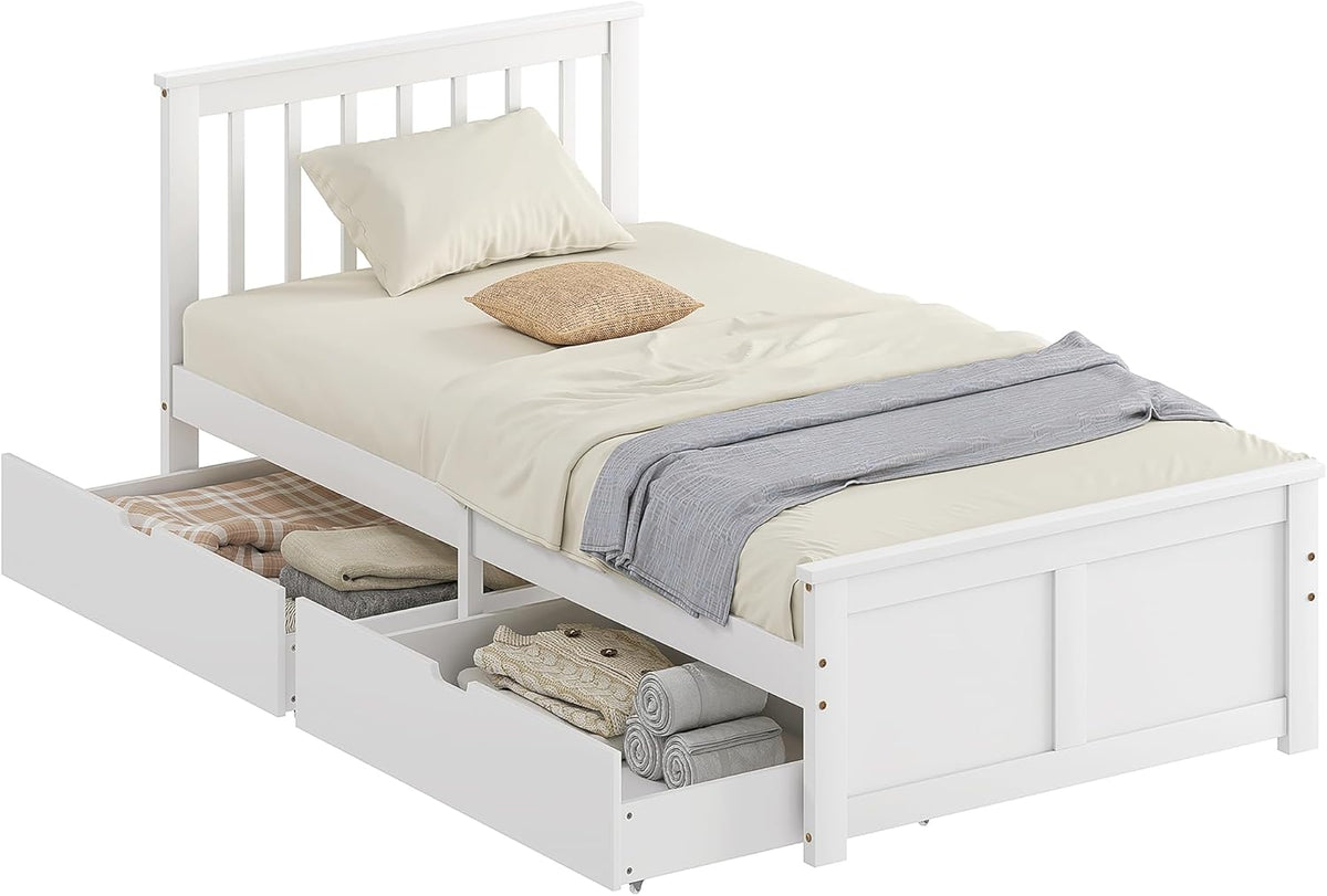 HOMCOM Bett 90 x 200 cm Bettrahmen mit Lattenrost aus Holz, Schublade, Unterbettaufbewahrung, Einzelbett, Holzbett mit Kopfteil, Bettgestell für Schlafzimmer, Gästezimmer, Weiß