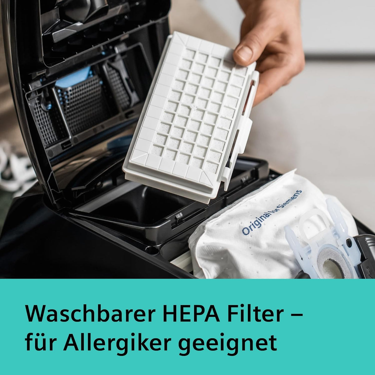 Siemens Staubsauger mit Beutel Q5.0 Extreme silencePower VSQ5X1232, für Allergiker, Hygiene-Filter, Starke Saugleistung auf Parkett, Teppich und Fliesen, langes Kabel, Made in Germany, 850 W, schwarz