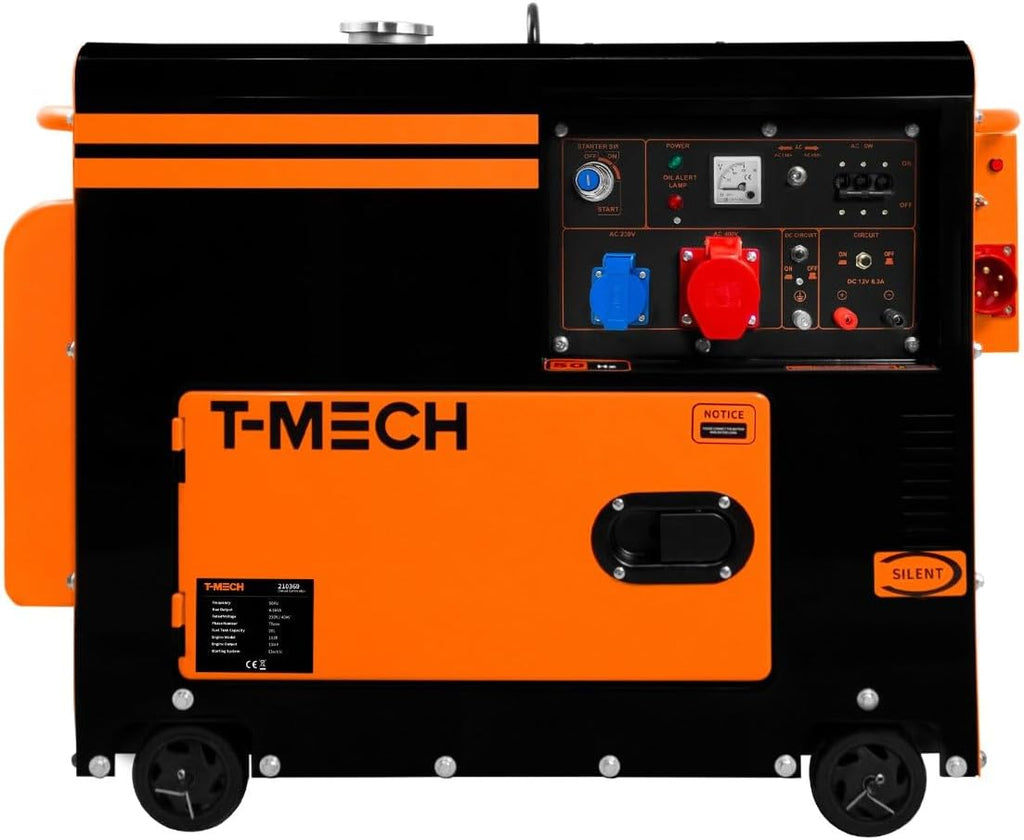 Leiser Dieselgenerator, dreiphasig, ATS, 6,5 kVA, 6500 W, 13 PS, 230 V, 400 V, Elektrostart, geschlossener Rahmen, Notfallstrom, 4 tragbare Räder, schwarzer pulverbeschichteter Stahl, 20 l