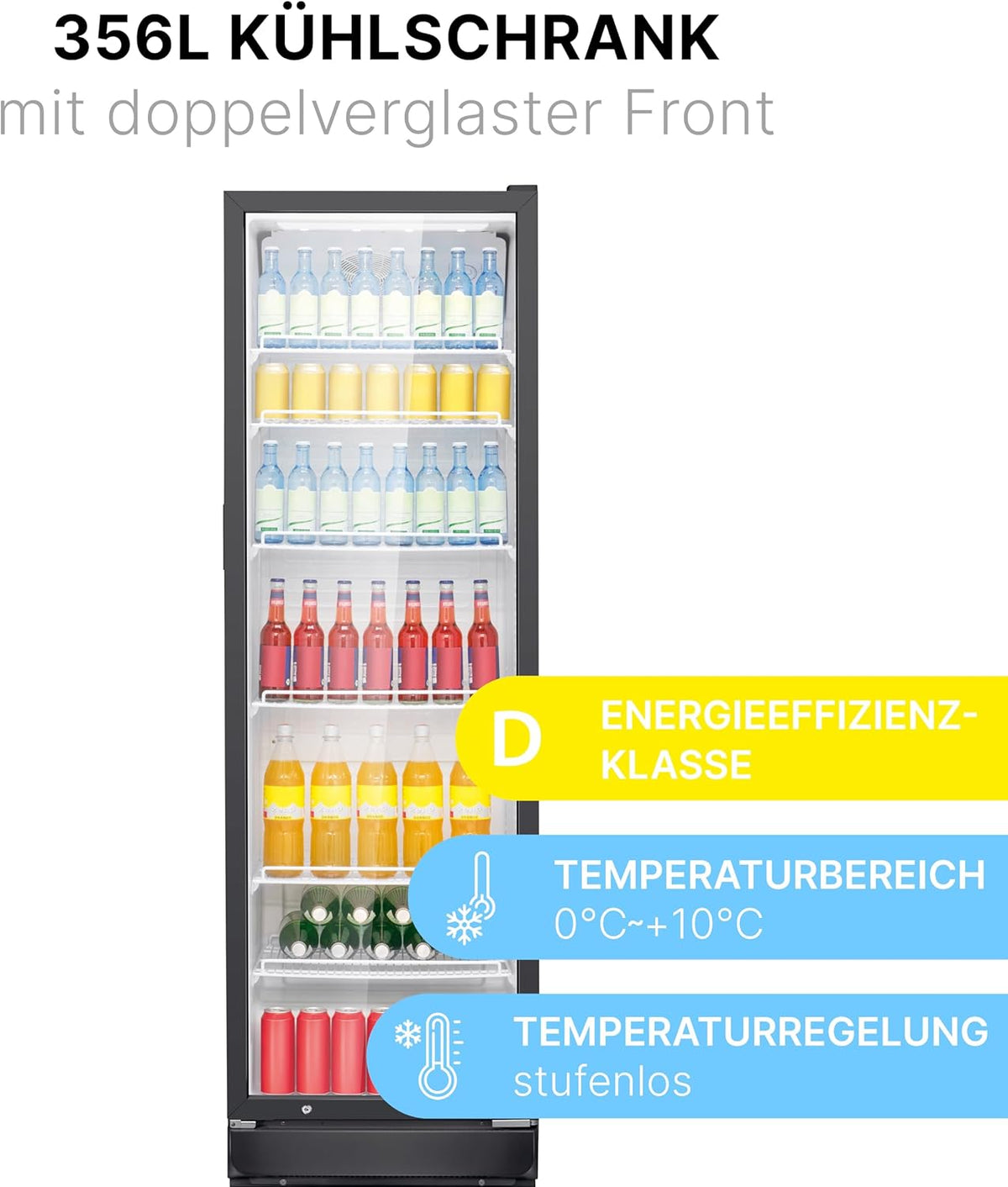 Bomann Kühlschrank mit Glastür Getränkekühlschrank abschließbar 6 höhenverstellbare Ablagen 30kg je Ablage 347 Liter Kühlschrank groß Flaschenkühlschrank m. LED-Licht KSG 7351 schwarz