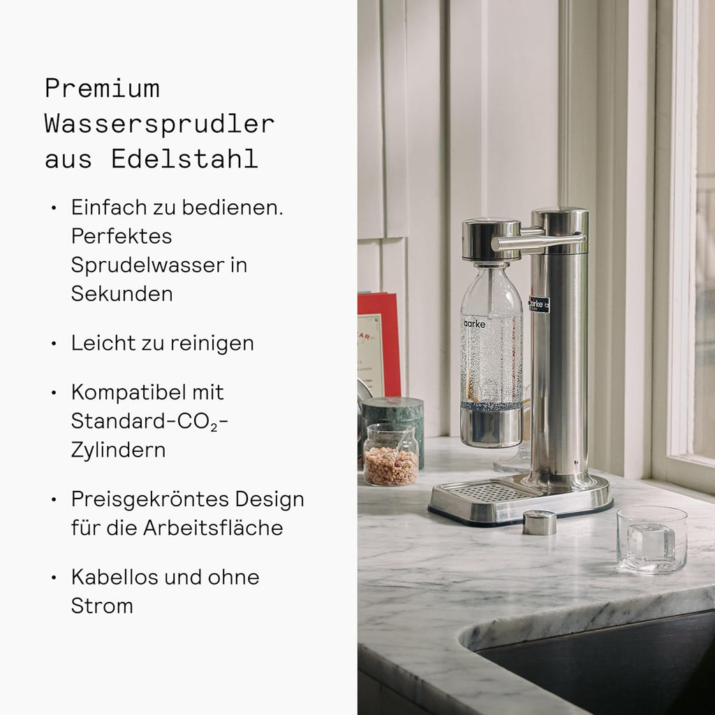 Aarke Carbonator 3, Wassersprudler aus Edelstahl im modernen Edelstahl Finish mit BPA-freier 1L PET-Flasche, Sprudelwasserbereiter für Leitungswasser, kompatibel mit 60L CO2-Zylindern