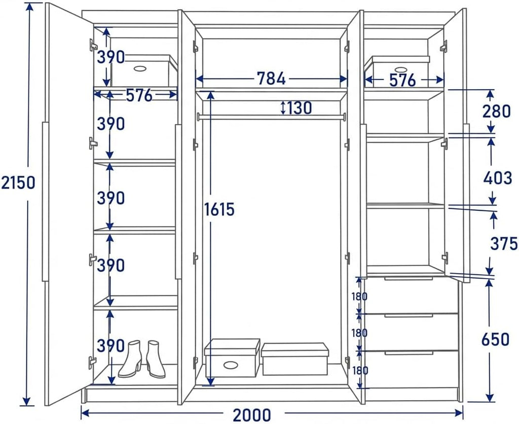 A und J MöbelLand Oslo Kleiderschrank 4-türig mit 3 Schubladen - 200 x 215 cm - Drehtürenschrank mit Kleiderstange und Einlegeböden, Modernes Design mit Metallgriffen