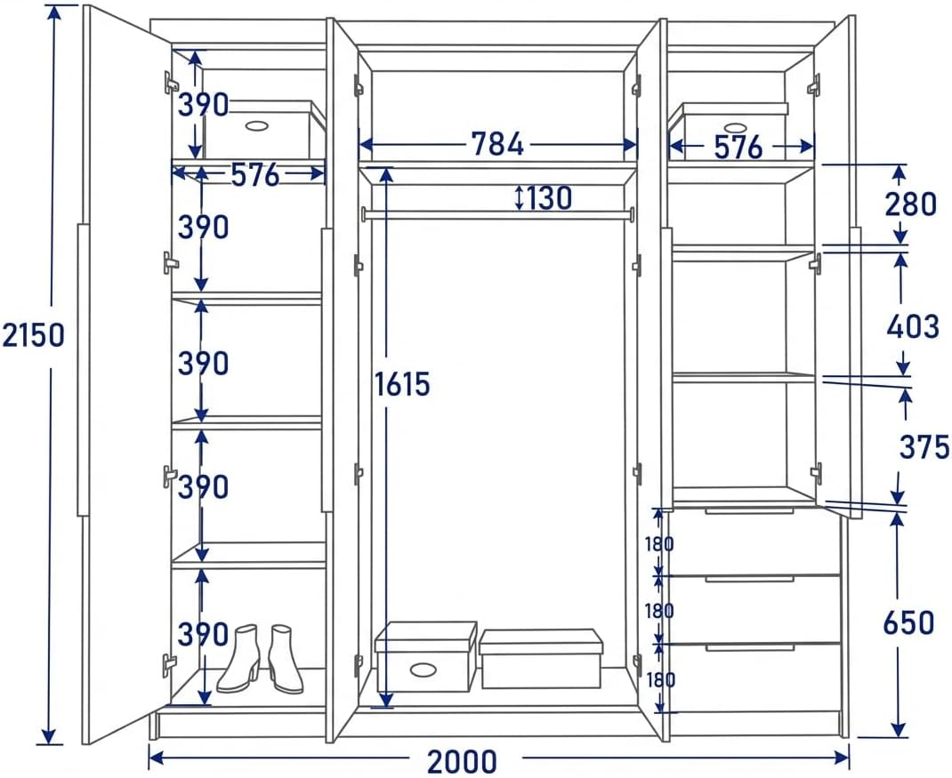 A und J MöbelLand Oslo Kleiderschrank 4-türig mit 3 Schubladen - 200 x 215 cm - Drehtürenschrank mit Kleiderstange und Einlegeböden, Modernes Design mit Metallgriffen