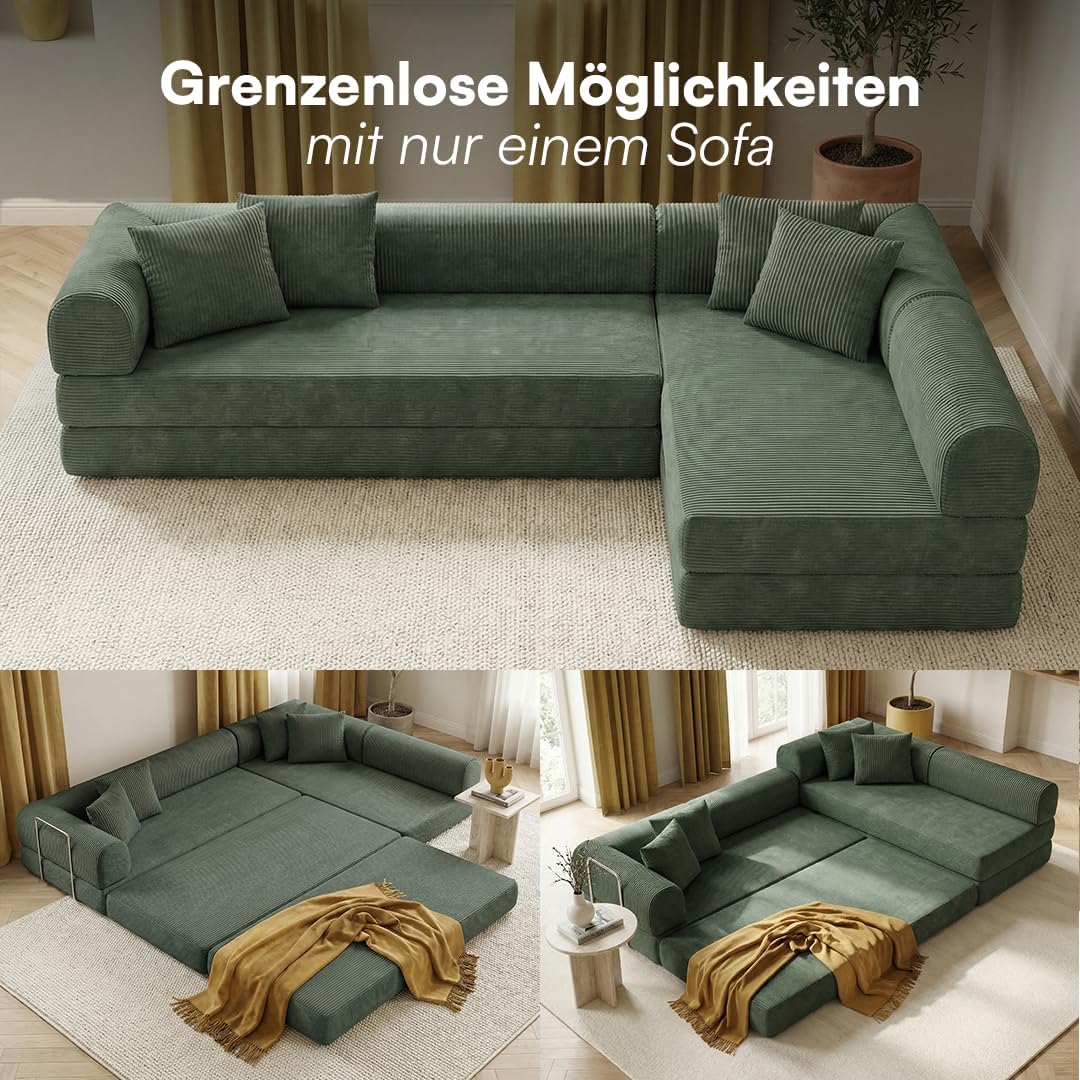 skølm Lofn Ecksofa 4 Sitzer – Wohnlandschaft L-Form Cord – Klappsofa 300cm breit Dunkelgrün – ausklappbar zum Schlafsofa, Bodensofa – Vollschaum Sofa mit 4 Kissen & Stahlgestell – Cloud Couch boneless | ohne Aufbau