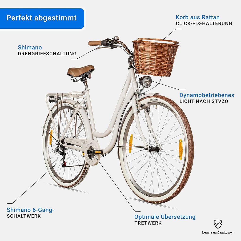 Bergsteiger Marseille 26, 28 Zoll Damenfahrrad, ab 150 cm, Korb aus Rattan, Fahrrad-Licht, Damen-Citybike, Damenrad im Retro-Design«, 6 Gang Tourney Schaltung, Kettenschaltung
