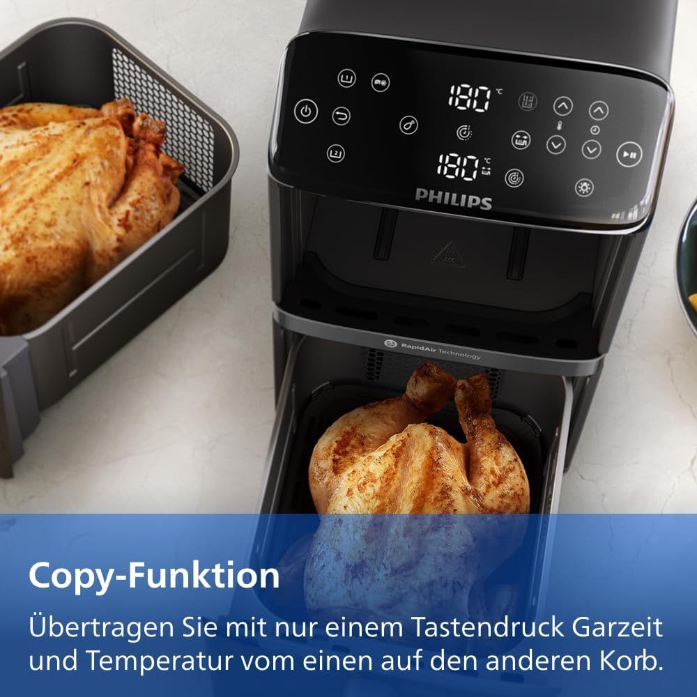 Philips Airfryer 4000 Series Stacked Dual Basket, Gestapelte Heißluftfritteuse 2 Kammern, 10L, RapidAir Technologie, 45% weniger Platzbedarf, PFAS-freie Keramikbeschichtung, Sichtfenster (NA460/00)