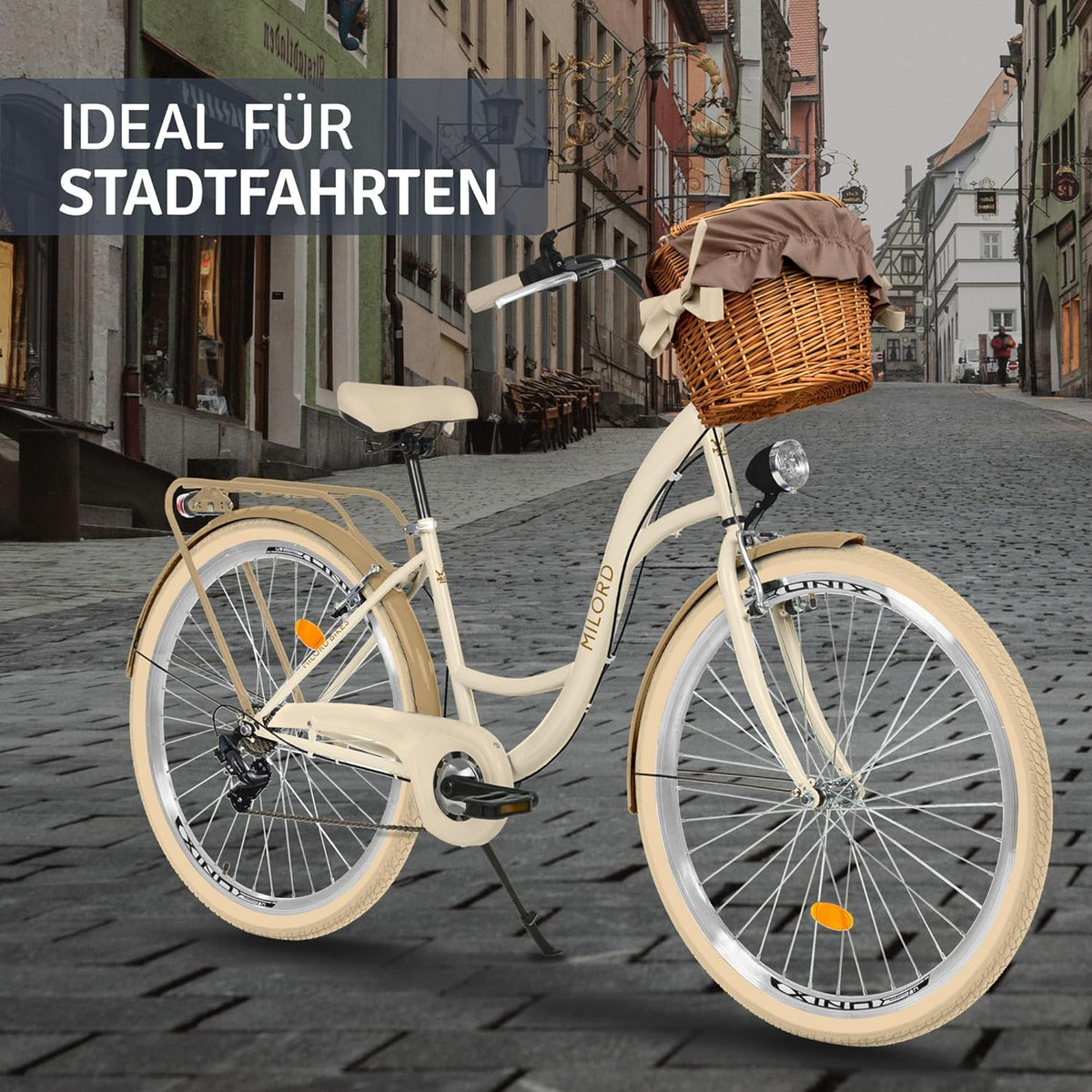 Generic Komfort Fahrrad Citybike Mit Weidenkorb Damenfahrrad Hollandrad, 28 Zoll, Creme-Braun, 7-Gang