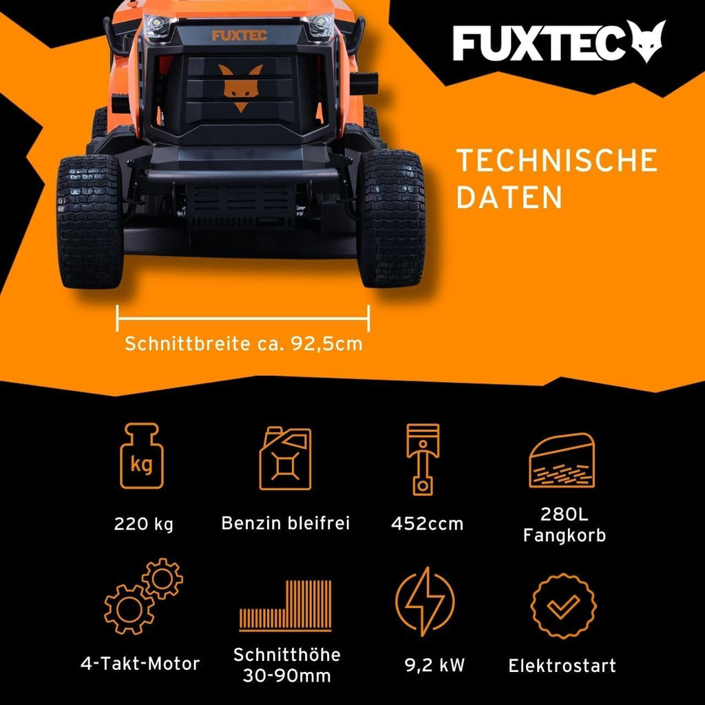 FUXTEC Rasentraktor FX-RMT92A, Aufsitzmäher mit 92cm Schnittbreite, 6-stufige Schnitthöhenverstellung, 452ccm Hubraum, Hydrostat, Rückwärtsmähen, geeignet für Flächen bis 6500m²