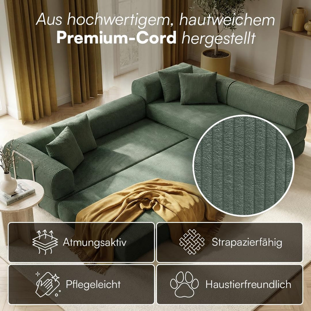 skølm Lofn Ecksofa 4 Sitzer – Wohnlandschaft L-Form Cord – Klappsofa 300cm breit Dunkelgrün – ausklappbar zum Schlafsofa, Bodensofa – Vollschaum Sofa mit 4 Kissen & Stahlgestell – Cloud Couch boneless | ohne Aufbau