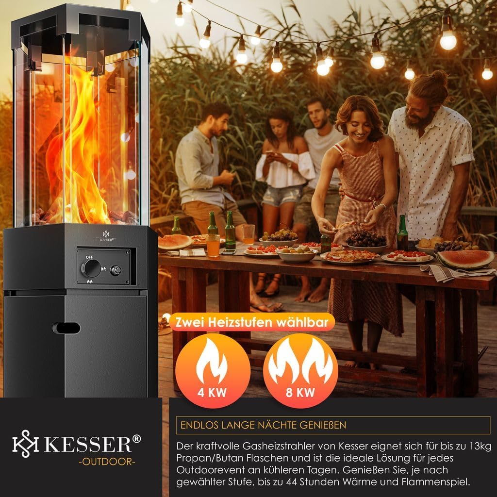 KESSER® Gasheizstrahler 4/8 kW Gas Piezozündung Heizung + Gasdruckregler + Cover, 360° Rollen Kippschutz, Terrassenheizstrahler Gasheizung Gasheizer Outdoor Kamin Mobiler Heizpilz, Heizer, Schwarz