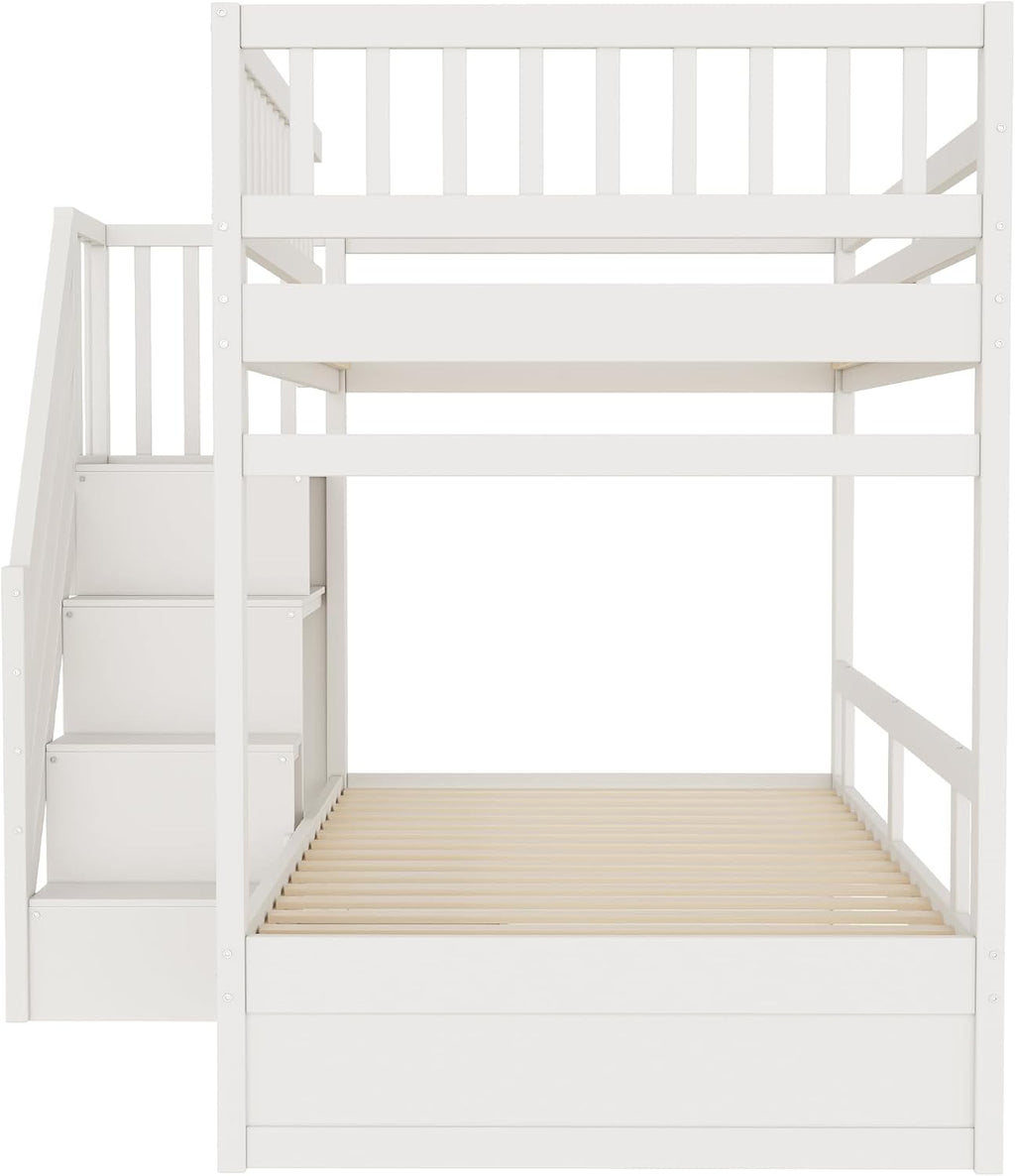 Kinderbett Etagenbett 90x200 Für 2 Kinder, Hochbett mit Treppe&Aufbewahrungsschrank&Schublade, Massivholz Funktionsbett Stockbett Jugendhochbett mit 2xLattenrost & Rausfallschutz, Ohne Matratze, Weiß