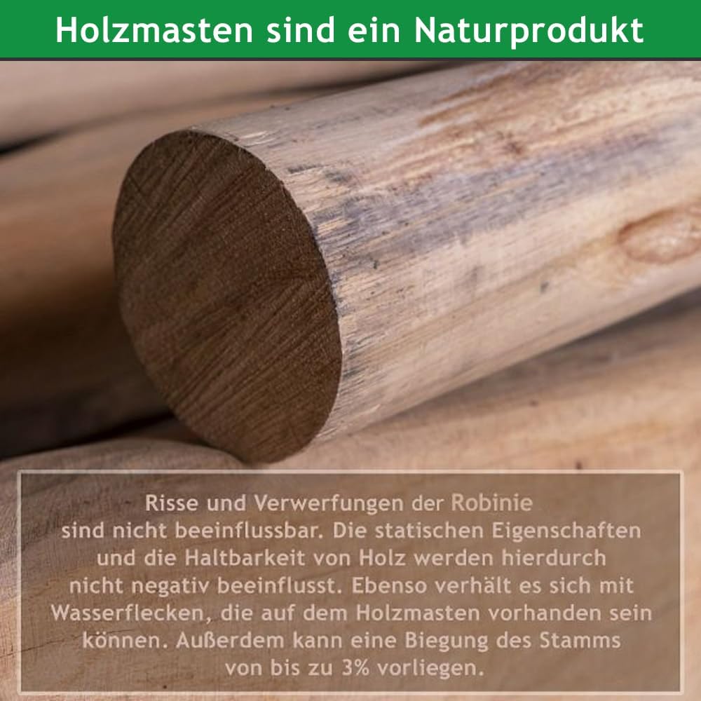 Sonnensegel Holzpfosten Set: aus Robinie höhenverstellbar 3m, inkl. Zubehör - 4-Fach Flaschenzug-Set & 0,75m Bodenhülse | Befestigung für sehr große Segel (100mm) (3er Set)