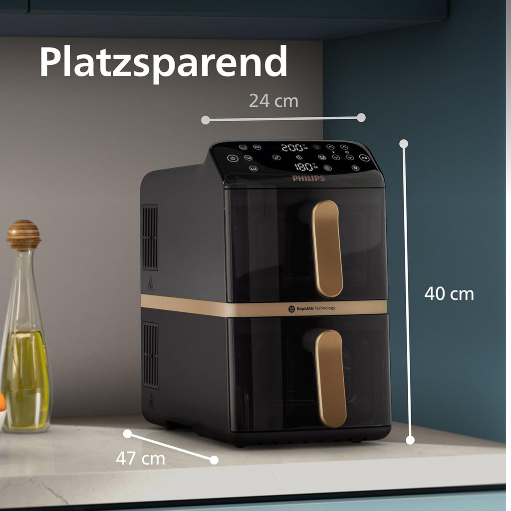 Philips Airfryer 4000 Series Stacked Dual Basket, Gestapelte Heißluftfritteuse mit 2 Körben, 10L, RapidAir Technologie, 45% weniger Platzbedarf, PFAS-freie Keramikbeschichtung, Sichtfenster (NA462/70)