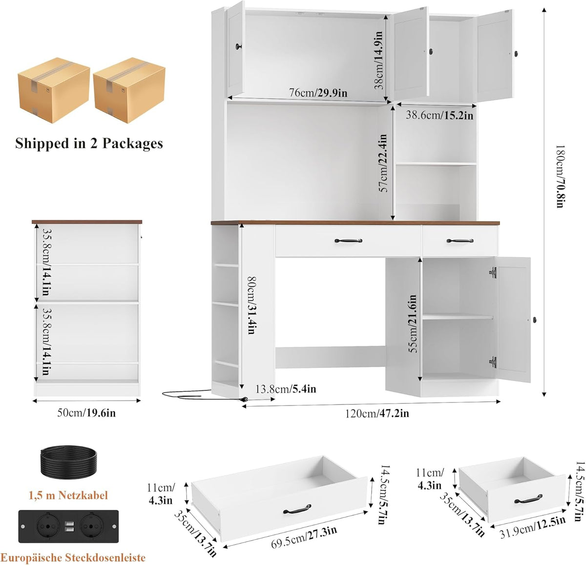FirFurd 180cm hohe Schreibtisch mit Schubladen und Bücherregal, Computertisch aus Holz mit LED & Steckdosenleiste, Bürotisch PC-Tisch Möbel für Arbeitszimmmr, Büro, Kinderzimmer 180x120x50cm Weiß