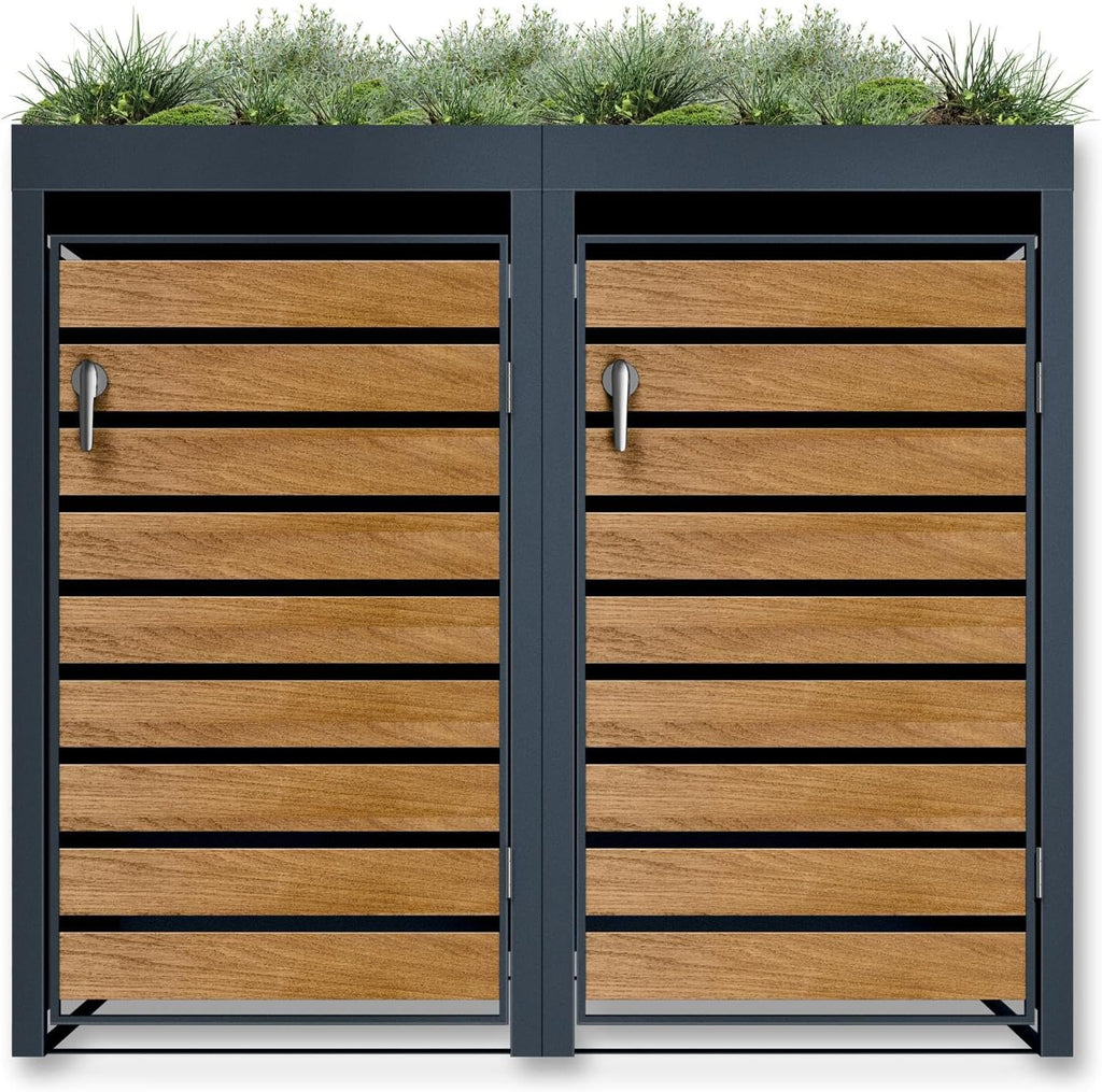 Metzler Mülltonnenbox 2er 240L in Anthrazit & Holzoptik mit Pflanzdach & Sichtstreifen, Mülltonnenverkleidung 2 Tonnen mit Automatikdeckel, Müllbox mit pulverbeschichtetem Stahl rostfrei, abschließbar