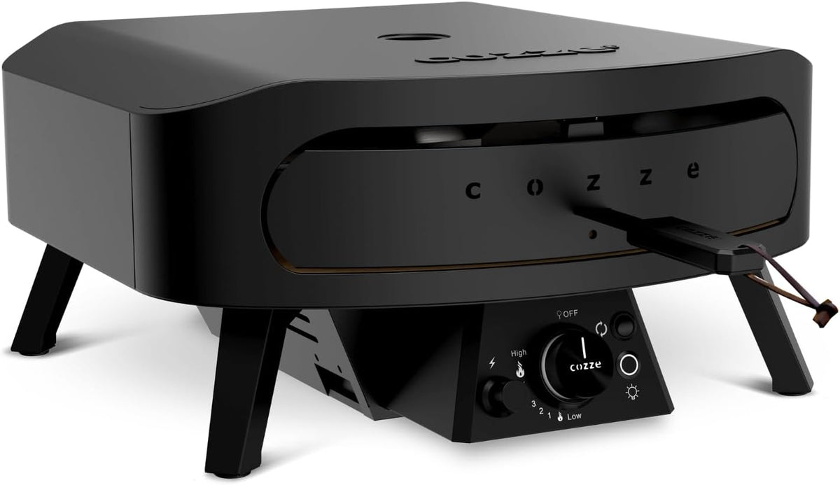 Cozze® 17" Pizzaofen Gas Schwarze Edition mit rotierender Pizzastein Ø43 cm - 600°C, Pizza in 2 Minuten