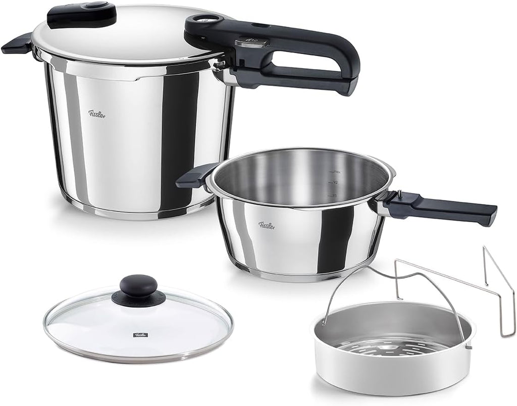 Fissler Vitaquick Edition/Schnellkochtopf-Set 6-teilg (2 Schnellkochtöpfe Ø 22 cm 3,5 L & 6 L) inkl. Metalldeckel, Glasdeckel, Einsatz, Induktion – Made IN GERMAMY