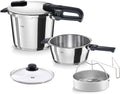 Fissler Vitaquick Edition/Schnellkochtopf-Set 6-teilg (2 Schnellkochtöpfe Ø 22 cm 3,5 L & 6 L) inkl. Metalldeckel, Glasdeckel, Einsatz, Induktion – Made IN GERMAMY
