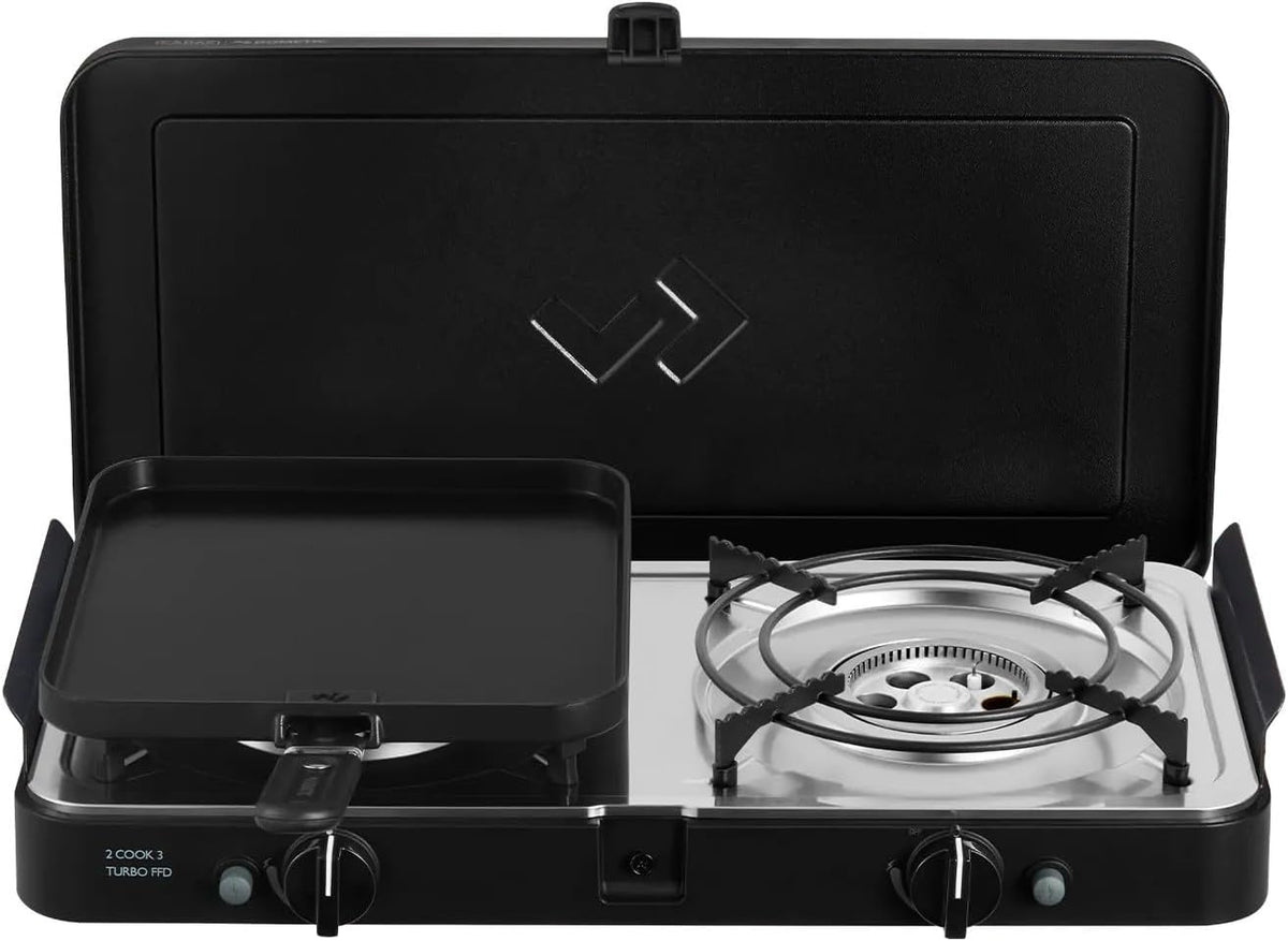 CADAC - 2 Cook 3 Turbo Deluxe und Universelle Grillkuppel - Gas Tischgrill mit 2 Brennern und Aluminium Grilldeckel - Outdoor Campinggrill Set mit Piezo-Zündung und Flammenausfallsicherung - 50mBar
