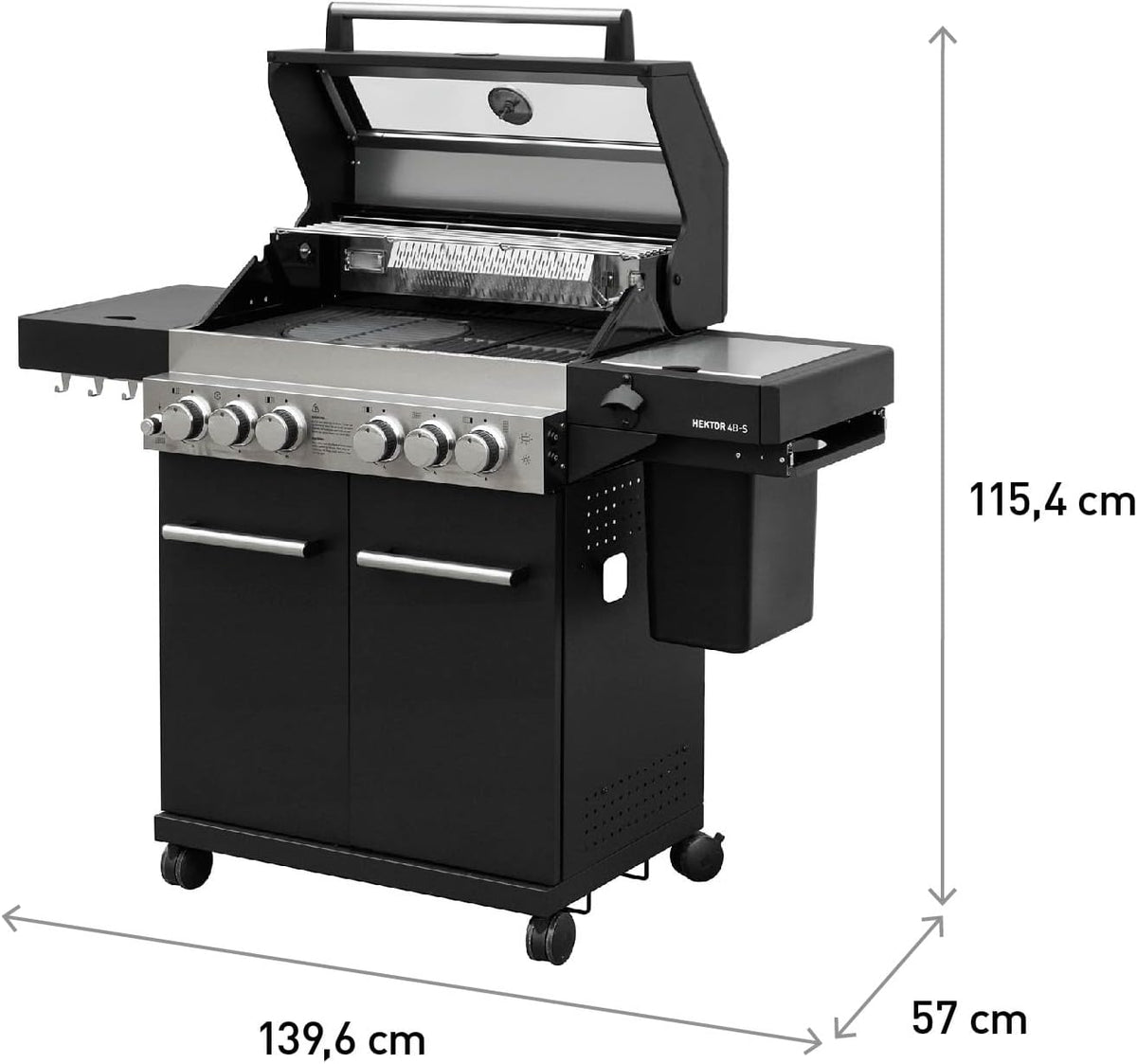 Gasgrill Hektor 4B-S inkl. Drehspieß und Abdeckhaube mit 4 Brennern, Sear-Brenner, Gusseisen-Grillrost, Heckbrenner, Seitenkocher, Sichtfenster und Thermometer für Garten und Terrasse