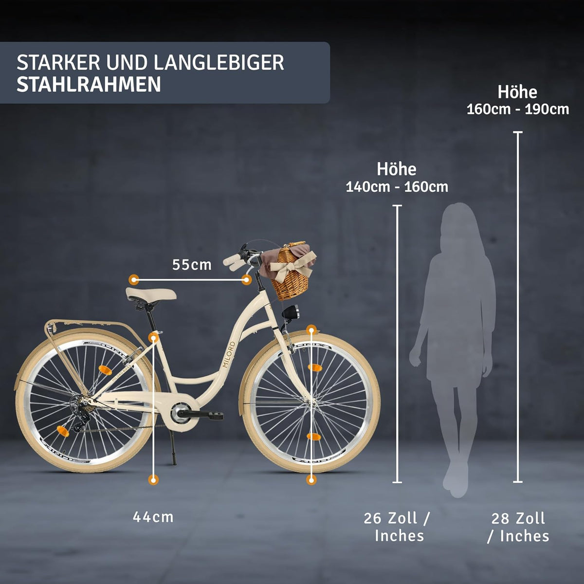 Generic Komfort Fahrrad Citybike Mit Weidenkorb Damenfahrrad Hollandrad, 28 Zoll, Creme-Braun, 7-Gang