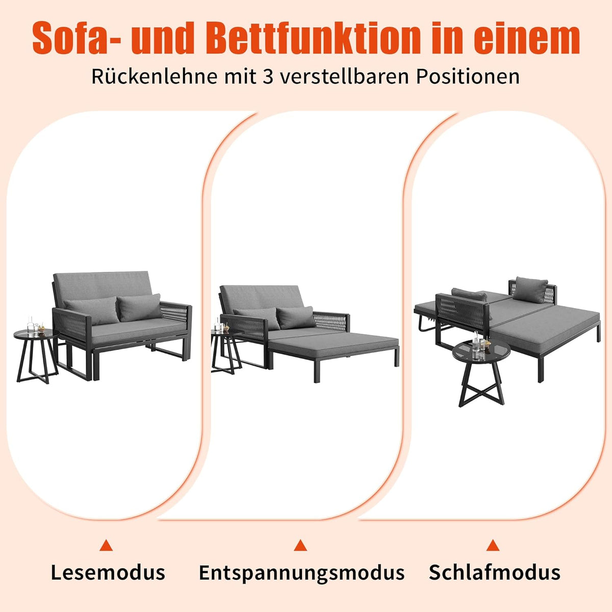 Gartenliege Sonnenliege mit geflochtenen Armlehnen aus Eisen, Wetterfestes Outdoor-Sofa, Inkl. Glas-Couchtisch & Polstern, Daybed Outdoor, Zweisitzer-Sofa mit Hocker und Couchtisch, Grau