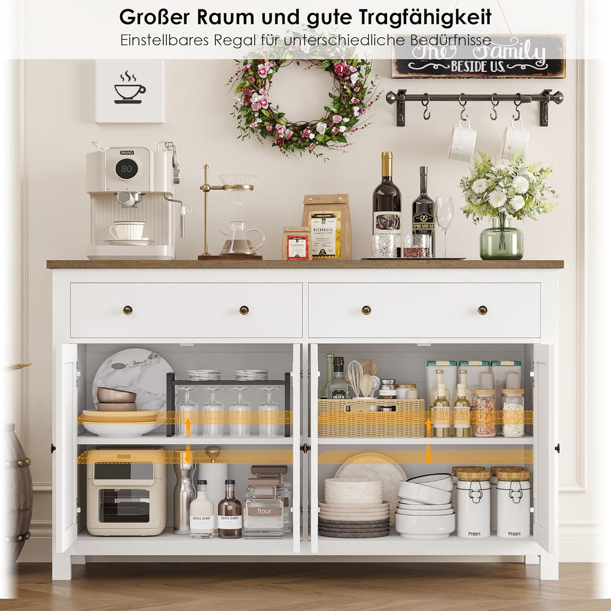 FirFurd Sideboard 140cm Breit Küchenschrank mit Arbeitsplatte Buffetschrank mit 2 Schubladen und 4 Türen Küchenbuffet mit Verstellbares Regal Sideboard für Küche Wohnzimmer Esszimmer weiß 140x89x40 cm