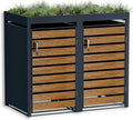Metzler Mülltonnenbox 2er 240L in Anthrazit & Holzoptik mit Pflanzdach & Sichtstreifen, Mülltonnenverkleidung 2 Tonnen mit Automatikdeckel, Müllbox mit pulverbeschichtetem Stahl rostfrei, abschließbar