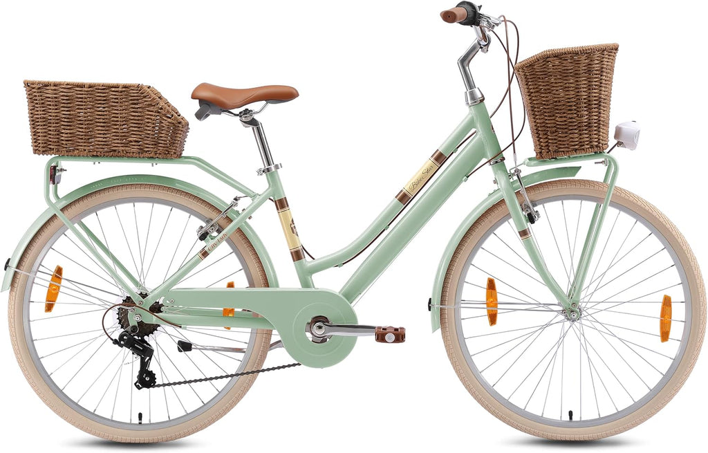 BIKESTAR Alu City Stadt Fahrrad 26, 28 Zoll | 16, 18 Zoll Rahmen, 7 Gang Shimano Damen Holland Rad, Retro Bike mit V-Bremse, Gepäckträger, Licht, Klingel, Korb, Speichenreflektoren | Risikofrei Testen