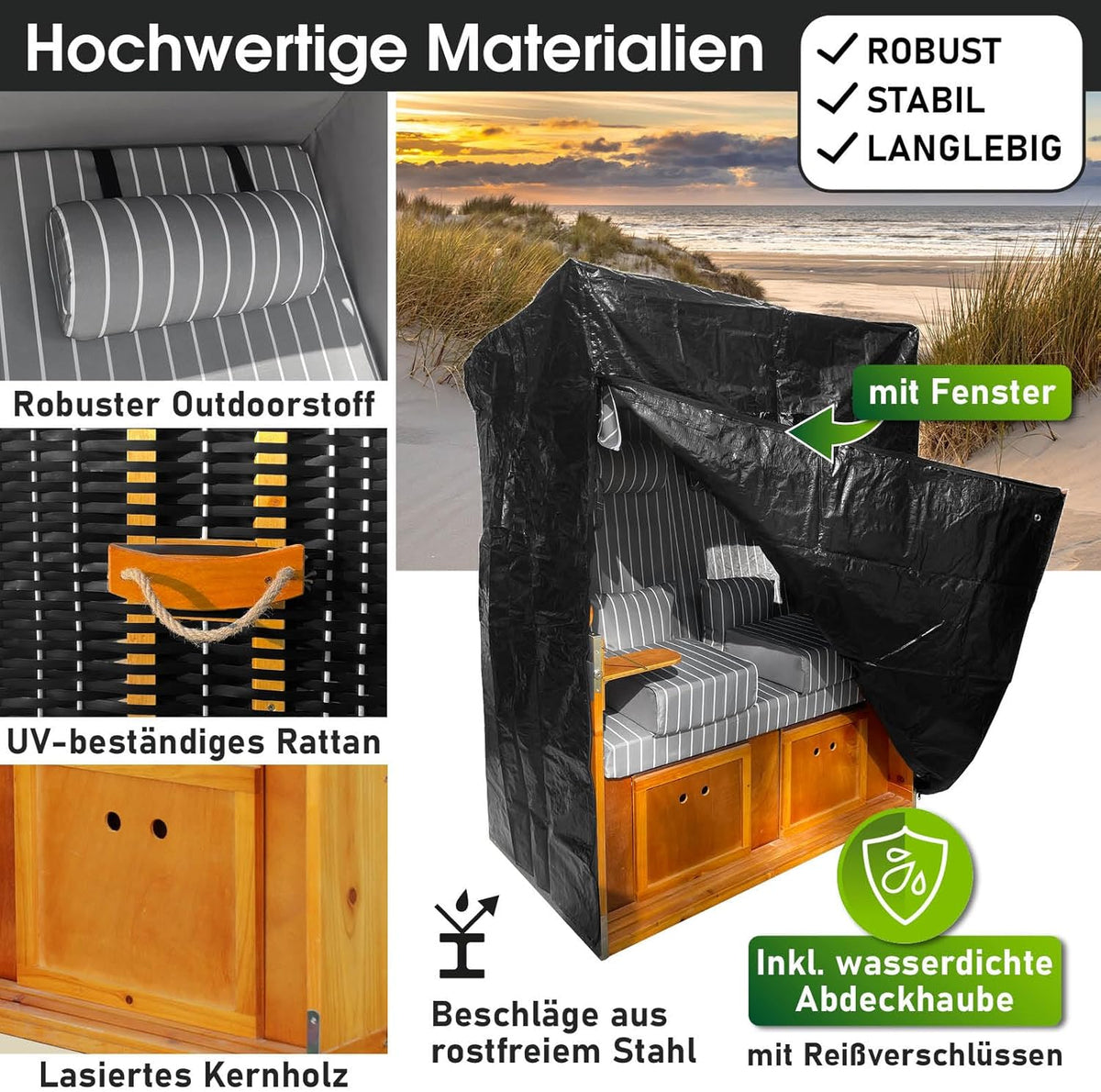 BRAST® Strandkorb Rügen Deluxe | für 2 Personen | 120cm breit | 5 Designs | inkl. wetterfeste Abdeckhaube | verstellbare Rückenlehne weiches Fußkissen | Anthrazit/Grau - gestreift