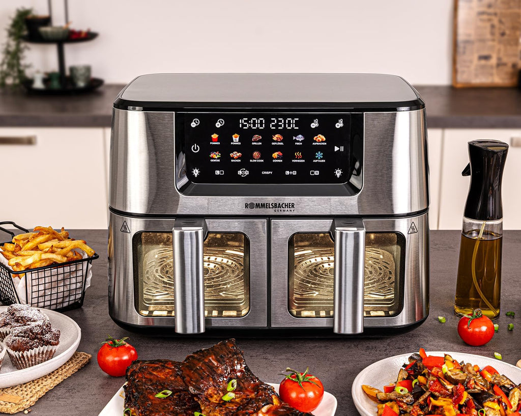 ROMMELSBACHER Doppel Heißluft Fritteuse FRH 2650, 2 Körbe a 5,5 Liter, 40 bis 230 °C, 12 Programme, Sichtfenster, Innenraumbeleuchtung, PFAS-frei, Match-und Sync-Funktion, gleichmäßige Wärmeverteilung