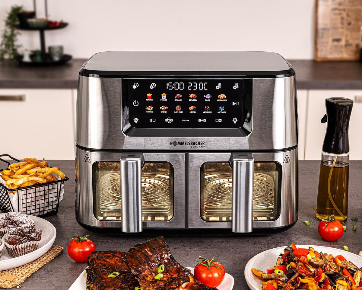 ROMMELSBACHER Doppel Heißluft Fritteuse FRH 2650, 2 Körbe a 5,5 Liter, 40 bis 230 °C, 12 Programme, Sichtfenster, Innenraumbeleuchtung, PFAS-frei, Match-und Sync-Funktion, gleichmäßige Wärmeverteilung