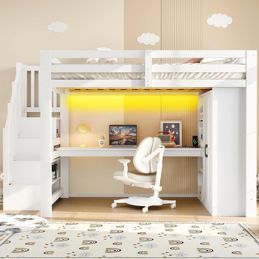 140x200 Hochbett mit Schreibtisch und Regal, Kleiderschrank, Stauraumtreppe, USB und LED-Leuchten, Weiß
