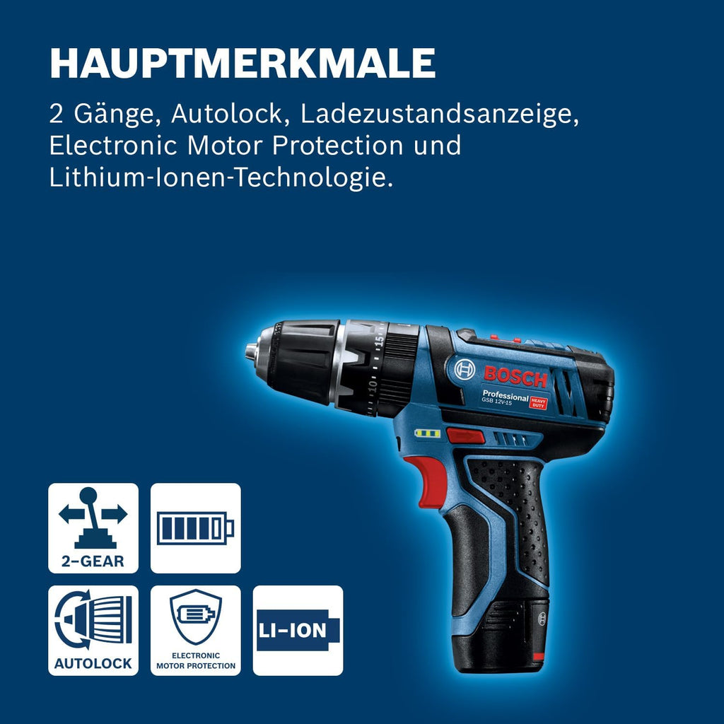 Bosch Professional 12V System Akku Schlagbohrschrauber GSB 12V-15 (Bohr-Ø Holz max: 19 mm, inkl. 2x 2.0Ah Akku + Ladegerät, 2x Bohrer-Set, 1x Bit-Set, Werkzeugtasche) - Amazon Exclusive