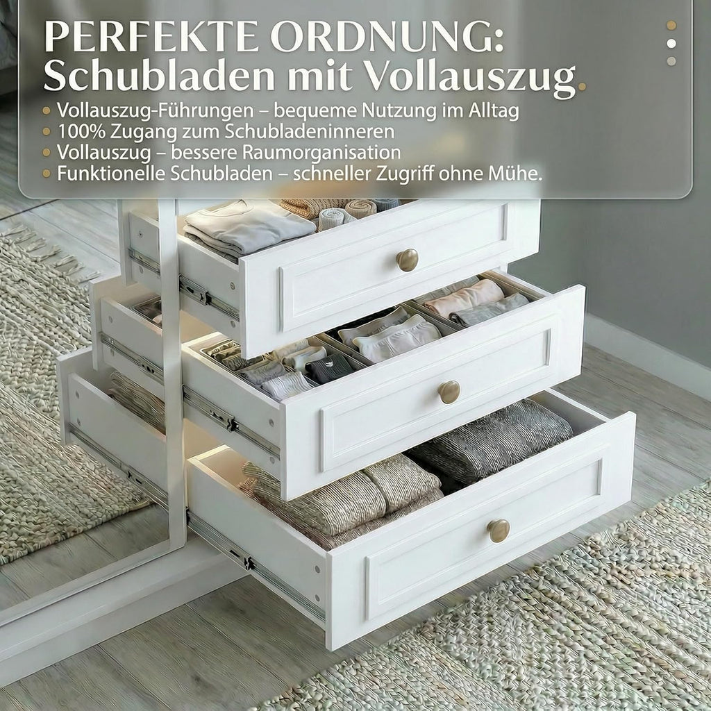 A und J MöbelLand Oslo Kleiderschrank 4-türig mit 3 Schubladen - 200 x 215 cm - Drehtürenschrank mit Kleiderstange und Einlegeböden, Modernes Design mit Metallgriffen