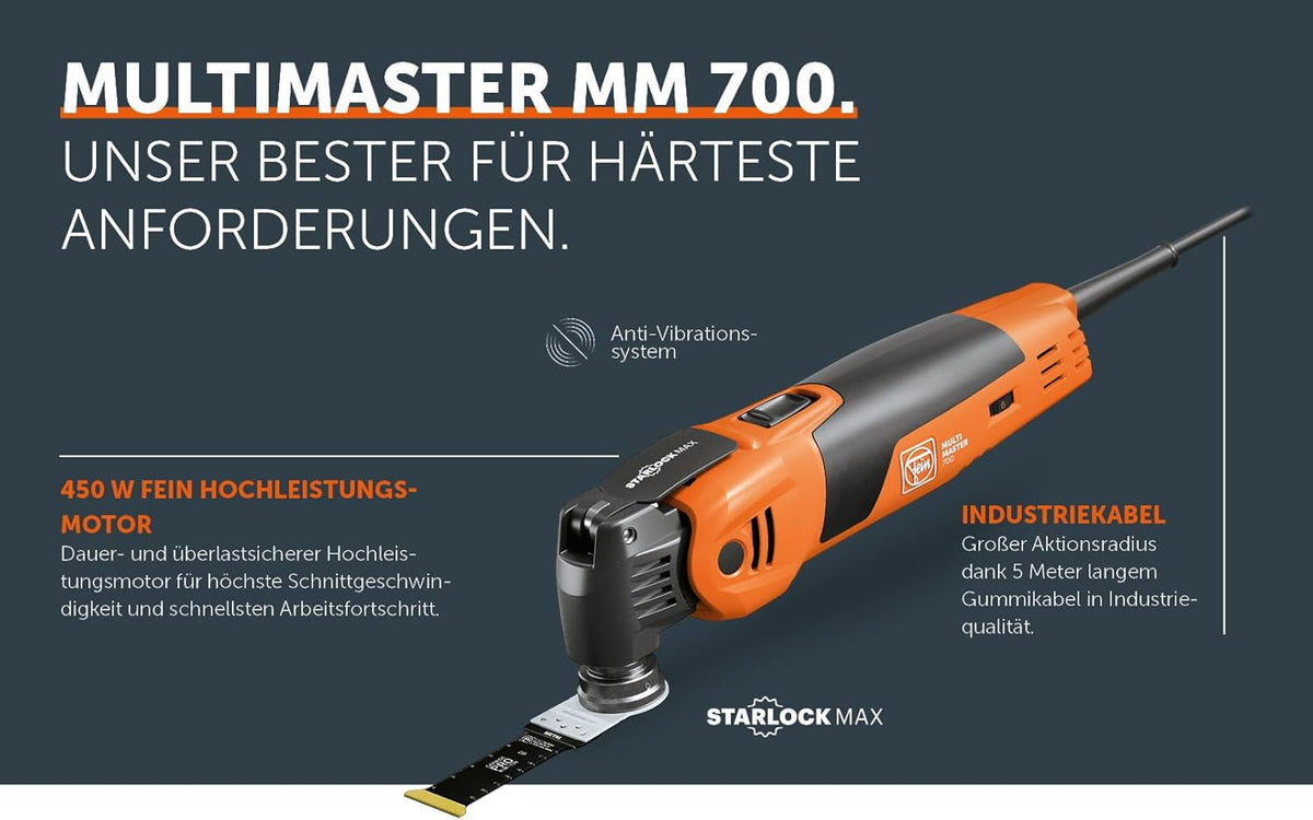 FEIN Multimaster MM 700 Max Top, Unser bestes MultiTool mit 60 Zubehören zum Sägen, Schleifen, Schneiden , 450 W, Anti-Vibrationssystem, Aufnahme StarlockMax, QuickIN Werkzeugwechsel