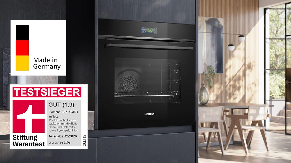 Siemens HB774G1B1, Stiftung Warentest Testsieger , iQ700 Smarter Einbau-Backofen 60x60 cm, Made in Germany, activeClean Pyrolyse  und  humidClean Hydrolyse, Air Fry, Automatikprogramme, Touchscreen