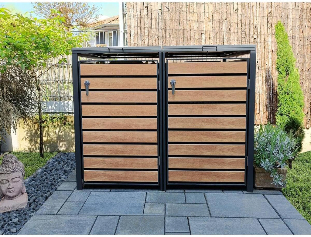 Metzler Mülltonnenbox in Anthrazit & Holzoptik 2er 240L, Mülltonnenverkleidung 2 Tonnen, witterungsbeständiger und pulverbeschichteter Stahl mit Automatikdeckel, abschließbar, Garten- und Müllbox