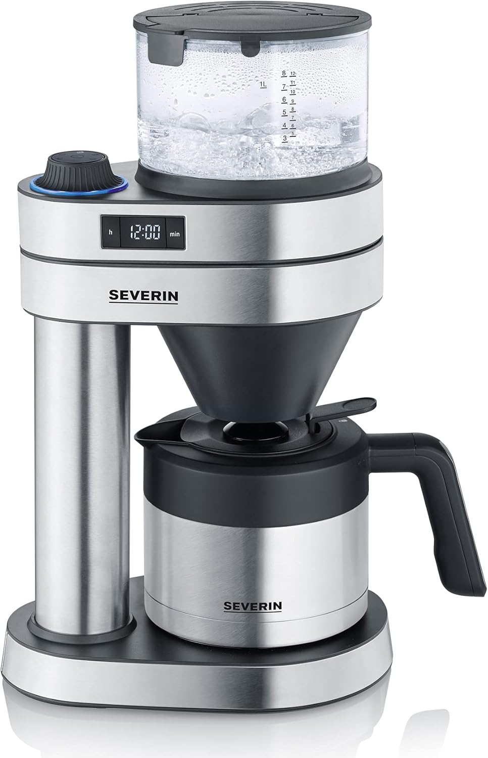 Severin Filterkaffeemaschine "Caprice" mit auslaufsicherer Thermokanne, wie von Hand aufgebrüht, Kaffeebereiter für bis zu 8 Tassen, Kaffeemaschine mit Timer, 1l, Edelstahl-gebürstet/schwarz, KA 5763